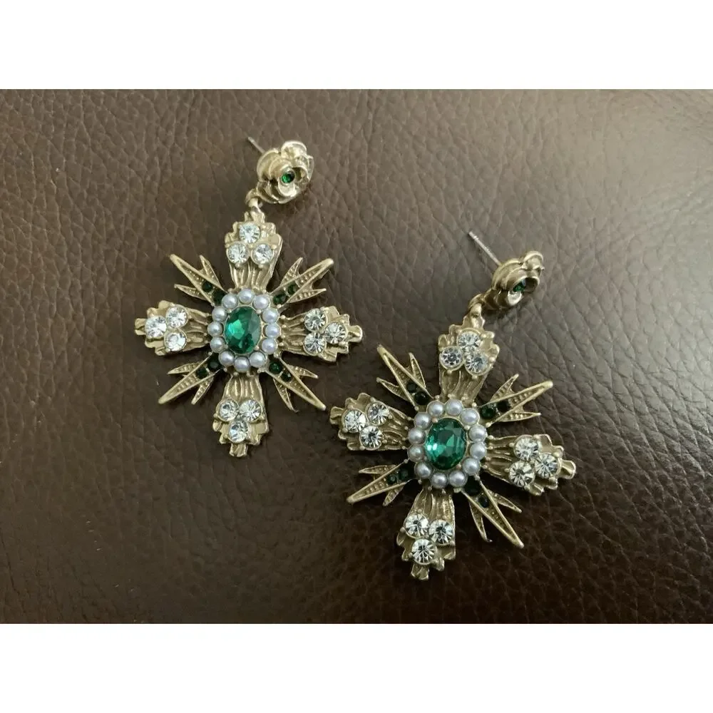 Regal Pearl Cross Flower Museum Earrings Goddess Gold Ornate StudVTG Baroque Art